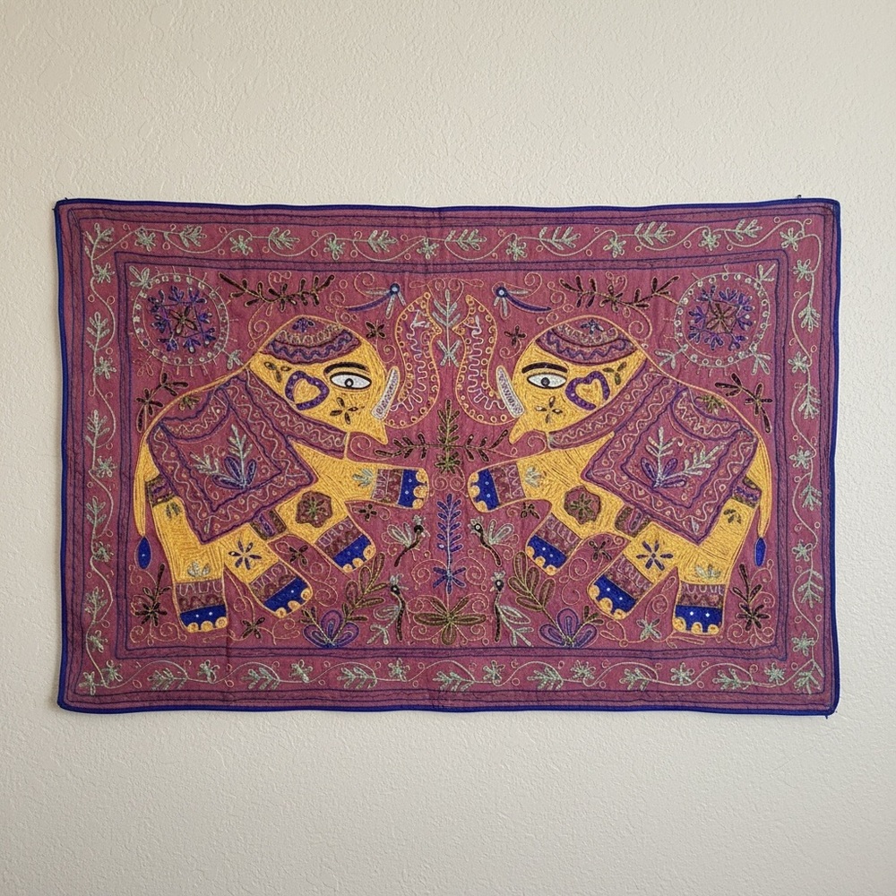 Indian hand-embroidered wall tapestry featuring elephant motifs, sequin detail